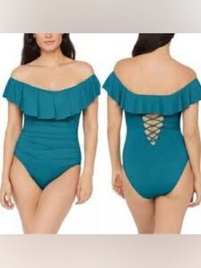La Blanca Off The Shoulder Ruffle One Piece Swimsuit Teal Ruched Corset Back 8